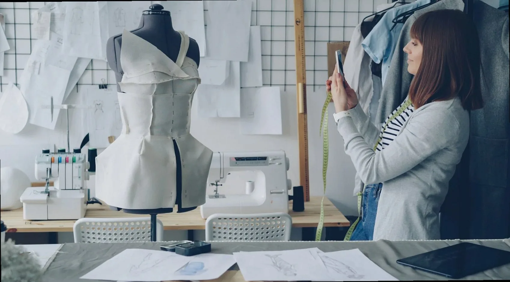 Fashion designer taking a smartphone photo of a dress mockup in studio.